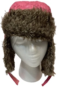 Red Girls Winter Hat Ear Flaps Brown Faux Fur Waterproof Pink Neck Strap - Picture 1 of 8