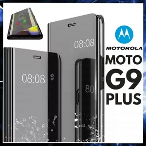 COVER FLIP PER MOTOROLA MOTO G9 PLUS CUSTODIA LIBRO NERA SPECCHIO CLEAR VIEW 360 - Foto 1 di 12