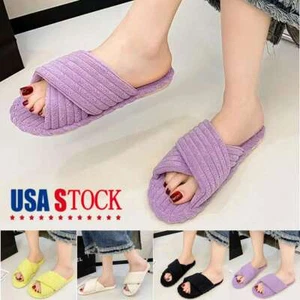 Womens Comfy Slippers Plush Cross Band Open Toe Soft Fluffy Slides House Shoes - Picture 1 of 21