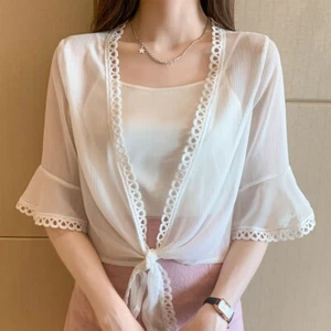 Women Chiffon Ruffles Lace Cape Shrug Bolero Capelet Hollow Out Cardigan - Picture 1 of 11