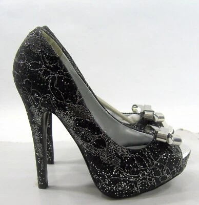 Sapatos femininos Wild Diva preto/prata glitter 5,5" salto agulha biqueira PEEP tamanho 6,5 - Imagem 1 de 4