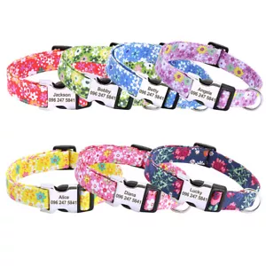 Floral Pet Dog Collar Personalized Name Number ID Tag Engraved Adjustable S M L - Picture 1 of 32