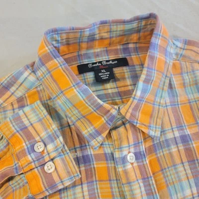 Brooks Brothers Fleece Linen Orange Plaid LS Button Down Shirt See Measuresments - Image 1 of 4