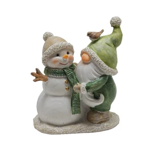 Deko Weihnachtsmann Wichtel mit Schneemann Vogel Figur Skulptur Objekt - Bild 1 von 3