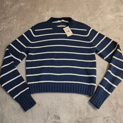 Nuevo Suéter MADEWELL Algodón Texturizado Cuello Redondo Nuevo con Etiquetas Blanco Brillante M Azul Marino Rayas Foto 1 de 4