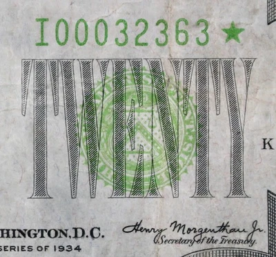 $20 1934 Star yellow-green seal FRN I00032363* plain series twenty, Minneapolis - Image 1 of 4