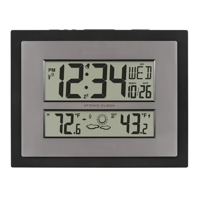 512-85937-INT Atomic Digital Wall Clock with Temperature & Forecast in Gray/S... - Image 1 of 4