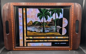 Vintage Rio De Janeiro Butterfly Wing Painted Beach Inlay Marquetry Tray, AS IS - Picture 1 of 11