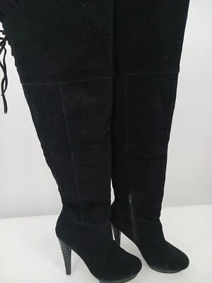 Steve Madden Lilianna OTK Boots 9.5 Black Suede Stiletto Heel Ruffle Top 40 - Imagem 1 de 4