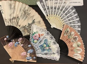 Lotto di 5 ventagli a mano in pizzo con bordo tr dipinti a mano vintage anni 60-70 - Foto 1 di 14