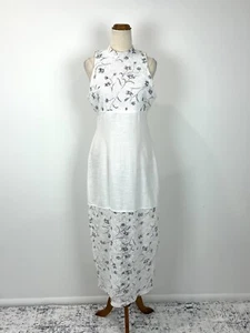 Unbranded Womens Dress 10 White Linen Blue Floral Mesh Pencil Midi Elegant Boho - Bild 1 von 12