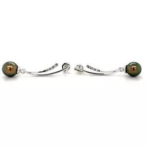 14K White Gold Round Cultured Dyed Black Pearls & Diamond Dangle Drop Earrings - Picture 1 of 9