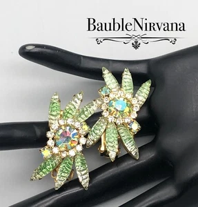 Vintage Juliana Ohrringe umgekehrt geschnitzt grün & klar AB irisierende Glassteine - Bild 1 von 5