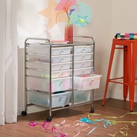 Chrome/Clear 12-Drawer Rolling Cart Double Wide Home Classroom Storage Organizer