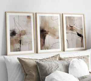 Set of 3 Beige Brown Black Abstract Wall Art Prints Living Room Bedroom Posters - Picture 1 of 5