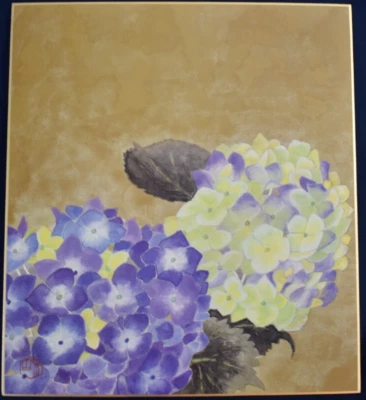 TABLERO DE ARTE JAPONÉS SHIKISHI PINTADO A MANO FLORES PÚRPURA Y AMARILLO Foto 1 de 4