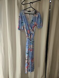 Ladies Light Blue Floral Wrap Look Maxi Dress Size 10 By Jessica Joy