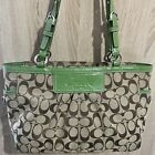 Coach Medium Gallery Green Tote Handbag East West Pleated Canvas Leather