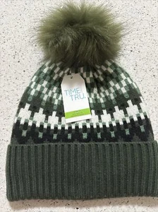 Time And Tru Women's Fair Isle Knit Beanie Hat W Pom Pom Olive Dusk NWT - Picture 1 of 7