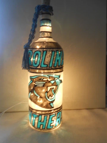 Carolina Panthers Inspired Hand Painted Lighted Wine Bottle Stained Glass look Cover
