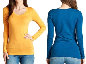 BASIC LONG SLEEVE V-NECK TOP T-Shirt Cotton Stretch Tight Thin plus S ~ 3XL - Picture 1 of 27