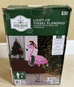 Holiday Time beleuchtetes Lametta rosa Flamingo Außen Garten Dekoration 32", NEU - Bild 1 von 5