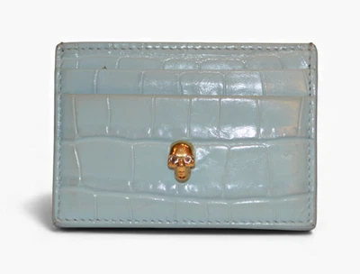 Alexander McQueen Sky Blue Croc Embossed Leather Skull Card Holder - Image 1 of 4