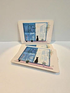 Set of 3 Vintage Catherine Piret Black Cat in Window Cork Backed Placemats - Picture 1 of 10