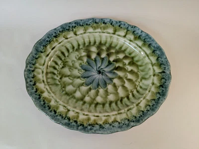 Portmadoc Cymru Wales Pottery Dinner Platter Green Swirl Signed - Image 1 of 4