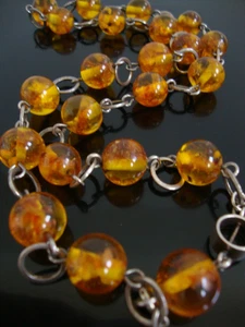 Vtg Fischland Signed 835 Silver Round Natural Amber Beads Necklace Signed 38Gr - Picture 1 of 13