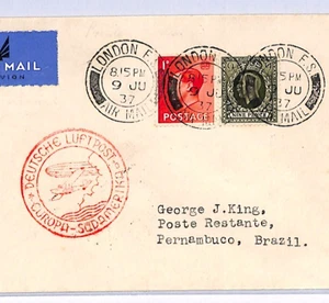 GB/BRAZIL Air Mail KEVIII Cover 1937 London BRAZIL Pernambuco via Germany XF189 - Picture 1 of 12