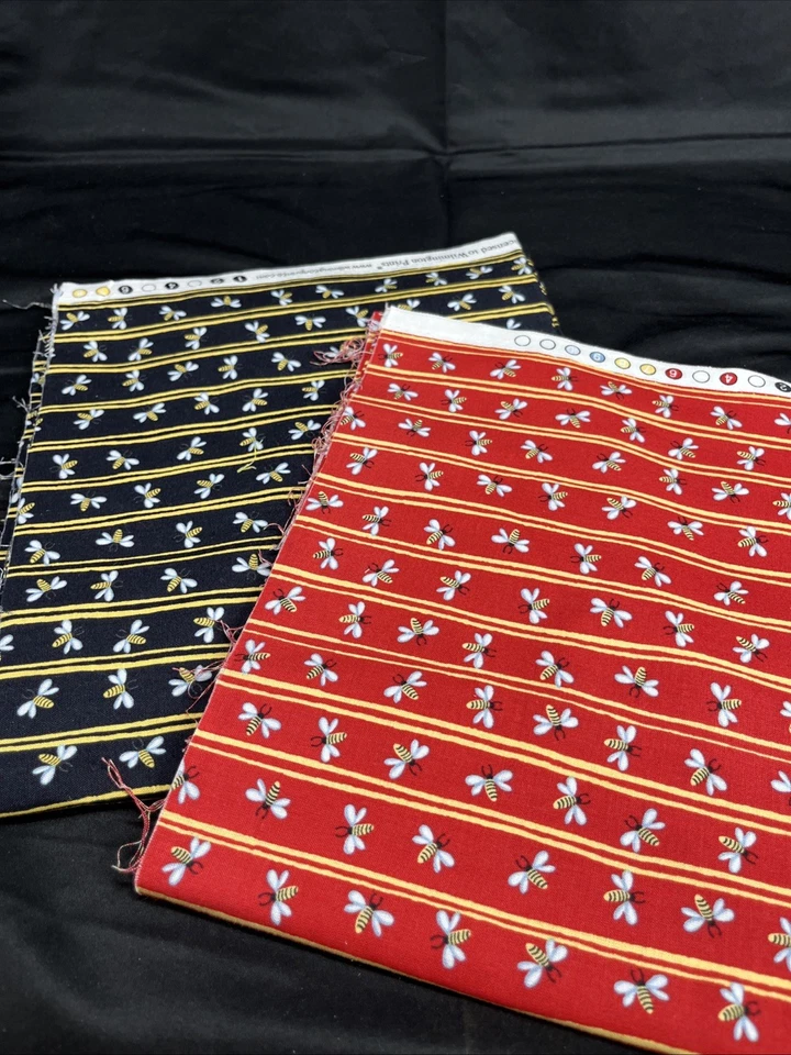 Tela Fun On The Farm, 100% algodón, 2 yardas de abejas, rojo negro Foto 1 de 4