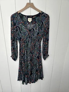MAEVE Anthropologie Navy Blue Ruched Floral Pattern Hi Low Dress Size XS - Picture 1 of 13