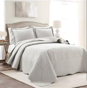 King Size Medallion Scallop Oversized Embroidered Bedspread Set Grey Lush Décor - Picture 1 of 10