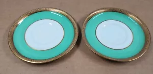 Tiffany & Co. Par de platillos de té vintage banda verde adorno dorado Adderlys Inglaterra - Imagen 1 de 8