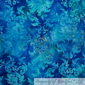 BonEful FABRIC FQ Cotton Quilt Blue Teal Aqua Water Damask BATIK Pattern Print L - Picture 1 of 13