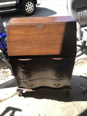 Antique Walnut Maddox Colonial Reproduction Drop Front Desk, Secretary With Key Cover