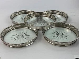 Vtg MCM Crystal Glass and Silver Plated Wine Coasters Starburst Pattern Lot Of 5 - Picture 1 of 5