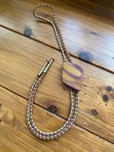 Vintage Jasper Bolo Tie – Real Stone, Leather Cord, Brass Tips, Western - Picture 1 of 4