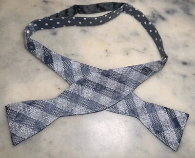 Black Brown 100% Silk Reversible Gray Check Polka Dot Adjustable Self Bow Tie - Image 1 of 4