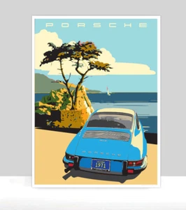 1971 Pastel Blue Porsche 911E 17 Mile Drive. Porsche Poster Aluminum 18 "x 24" - Picture 1 of 2