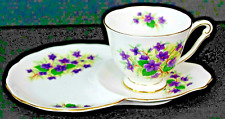 Queen Anne Country Gardens Bone China Tea Cup and Snack Plate Purple Violets