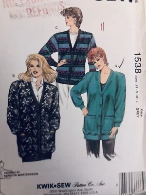 VTG Kwik Sew 1538 Misses Cardigans Loose Fitting Pockets 4 Stretch Knits SZ ZS-L - Image 1 of 4