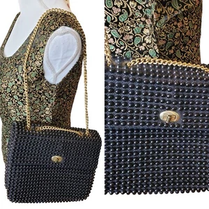 Mod Black Beaded Gold Chain Purse Twist Lock Candy Dot VTG 60s Classic Evening - Picture 1 of 16