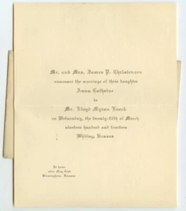 1914 Whiting Kansas anuncio de matrimonio Anna C. Christensen a Lloyd M. Lueck - Imagen 1 de 1