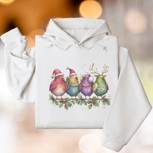 Vögel Weihnachten Hoodie Sweatshirt Winter Singvogel Urlaub Grafik weiß - Bild 1 von 5