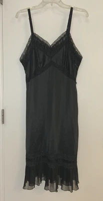 VTG Black Charmode Full Slip Lingerie Womens 40 Ruffle Hem Lace Trim Adj Straps - Image 1 of 4