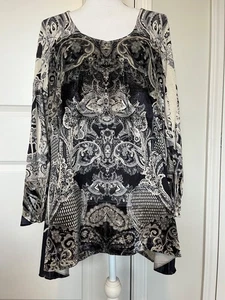 Túnica Live & Let Live Mujer Talla 2X Top Negro Blanco Barroco Terciopelo Manga Larga - Imagen 1 de 8