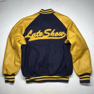 Vintage Late Show David Letterman Jacket Large Cast Crew Varsity Wool Yellow - Picture 1 of 7