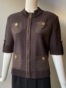 St. John for Saks Fifth Avenue brown short sleeved zip front sweater Size Small - Picture 1 of 10